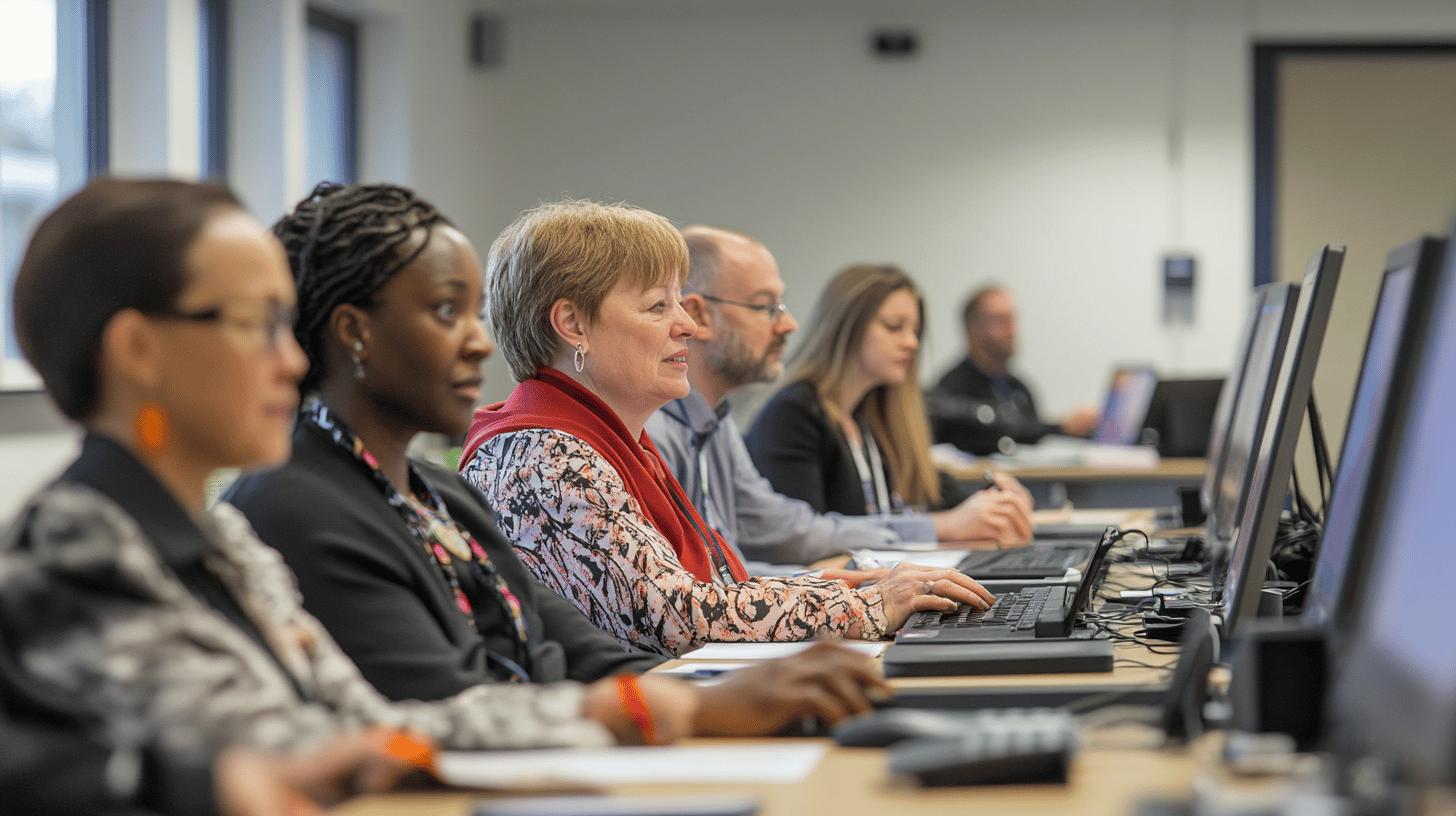 Diverse professionals in computer training workshop with multiracial team working on laptops in modern classroom setting