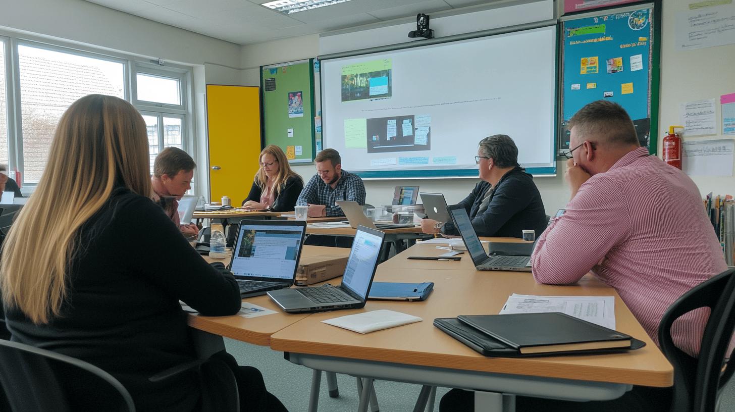 Professional team collaborating in modern office meeting room with laptops and digital projector, focusing on project work and team discussion