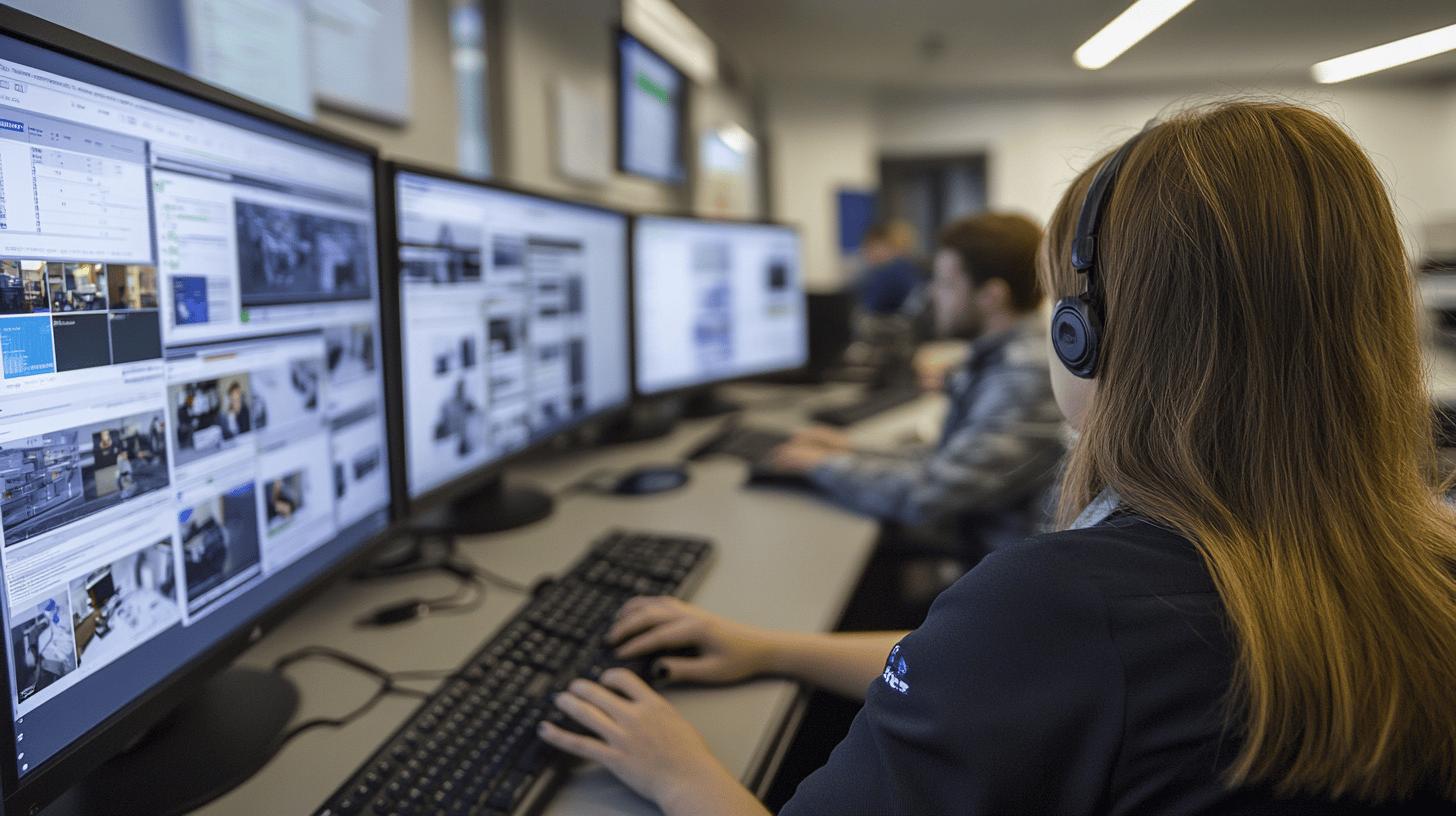 Surveillance control room with operator monitoring multiple computer screens, wearing headset, focused on video monitoring and security systems