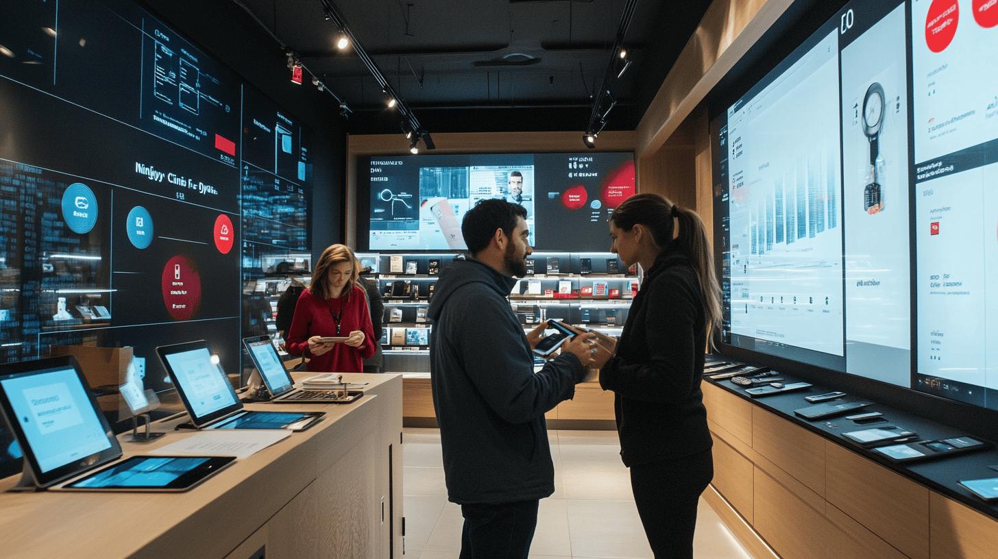 modern technology retail store with digital displays, interactive screens, and employees assisting a customer with mobile devices and technological products, showcasing a high-tech sales environment with data visualization and product information screens