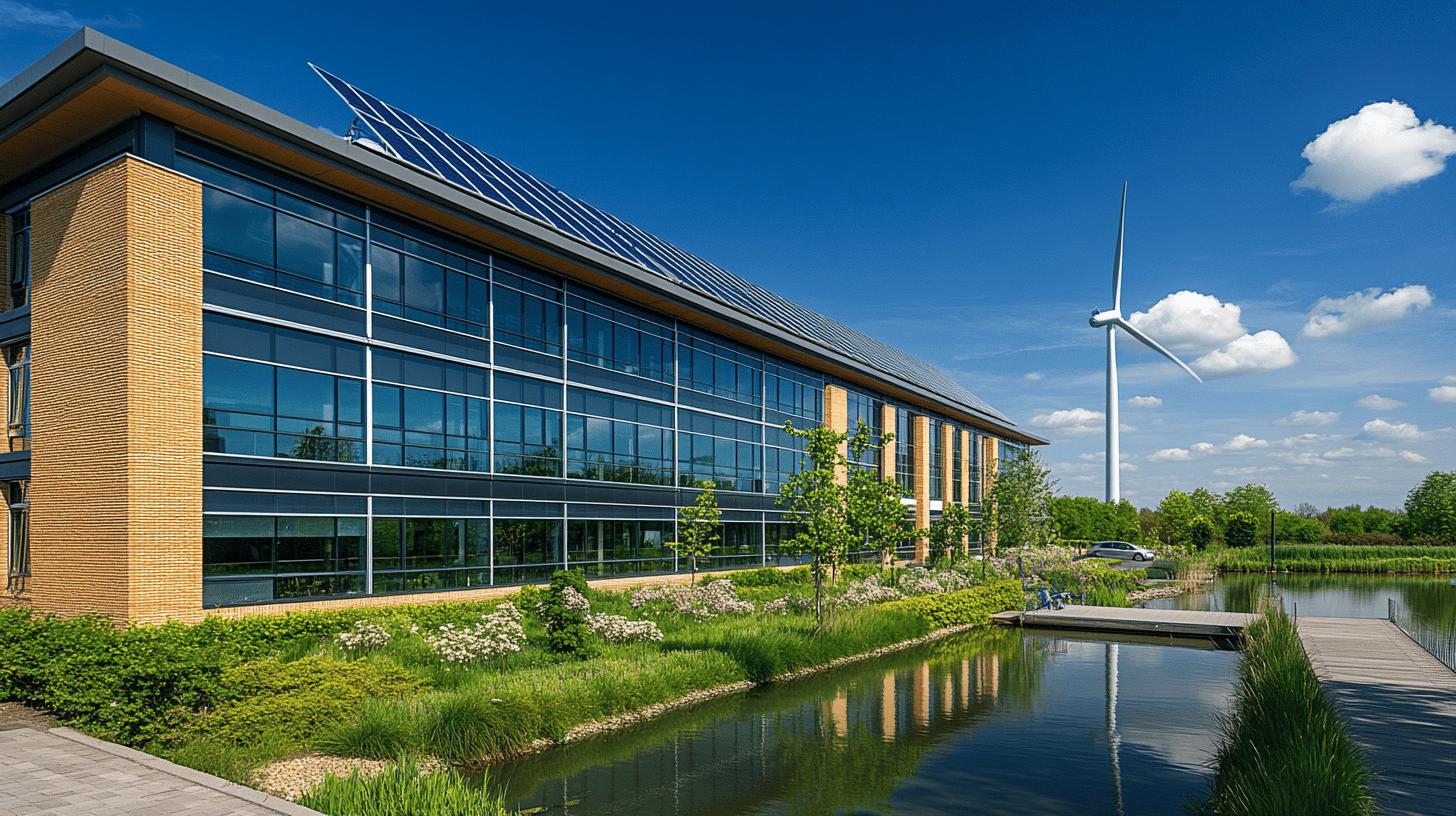 Modern sustainable office building with solar panels and wind turbine, surrounded by green landscaping and a reflective water feature on a clear blue sky day