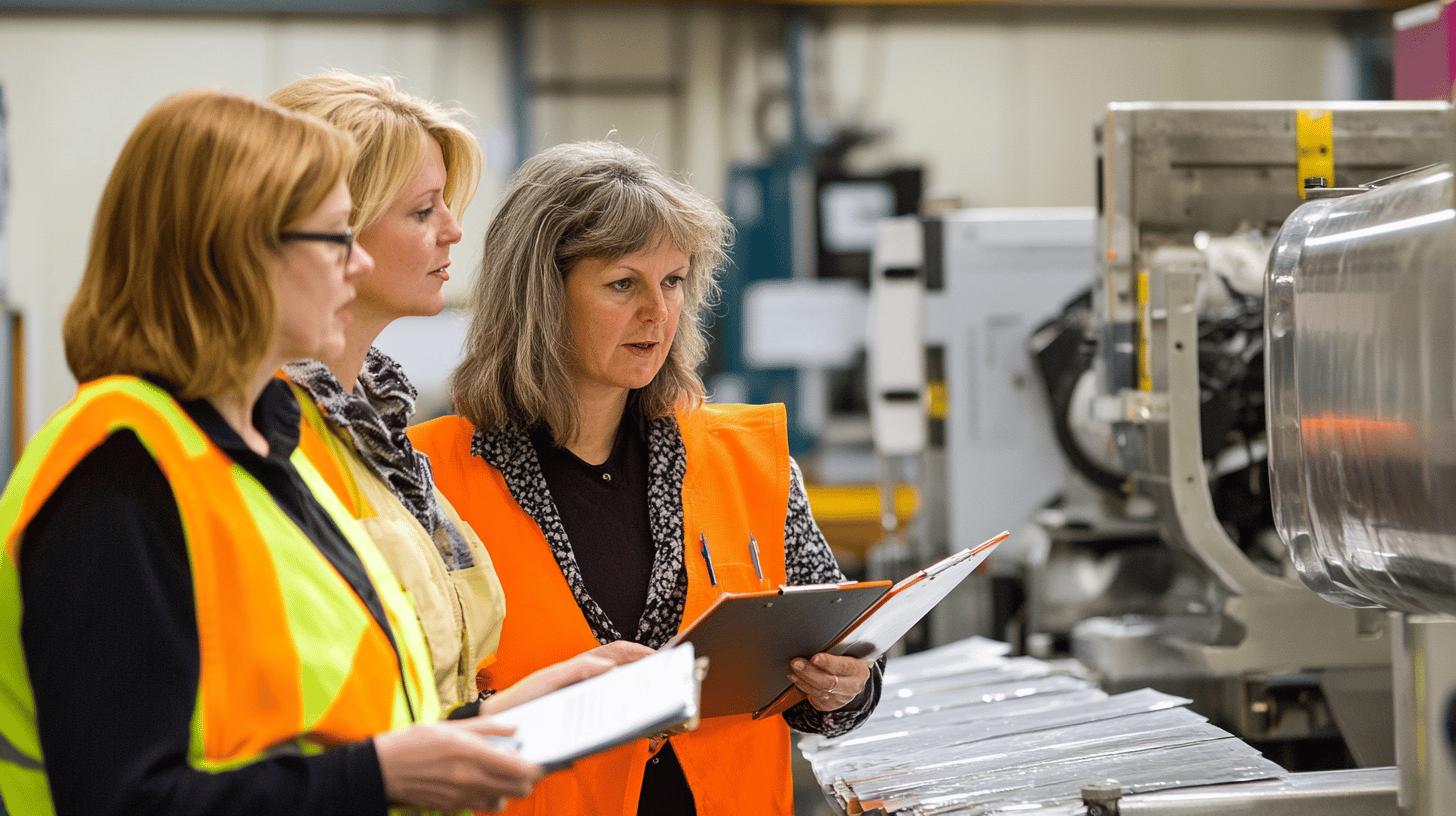 Women in safety vests inspecting manufacturing equipment in industrial facility, reviewing documents and machinery