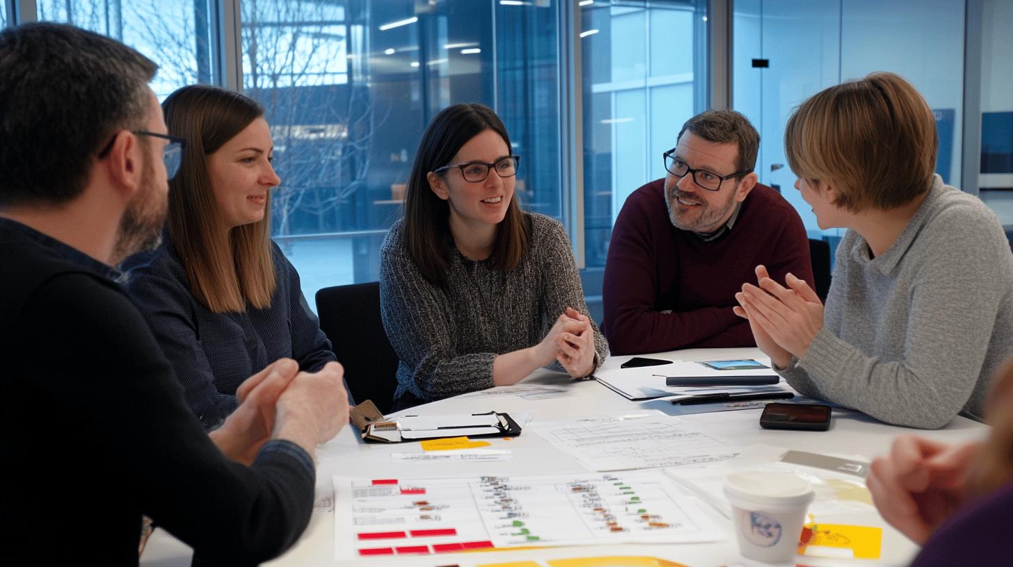 Professional team collaborating in modern office meeting room with data charts and project planning documents, engaged in interactive discussion with smiling colleagues