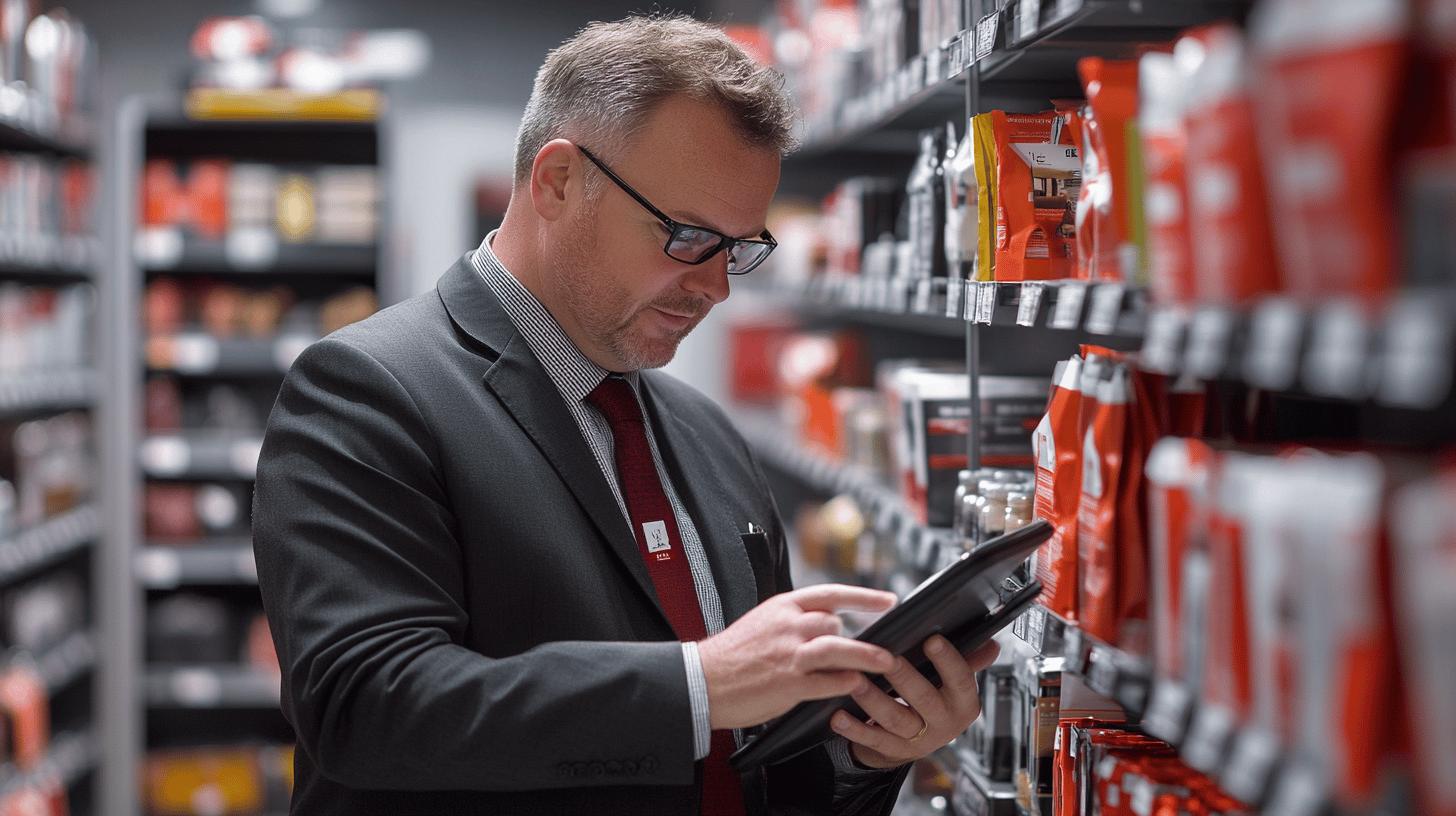 Professional in suit checking inventory on tablet between product shelves in retail store, surrounded by orange and gray packaging