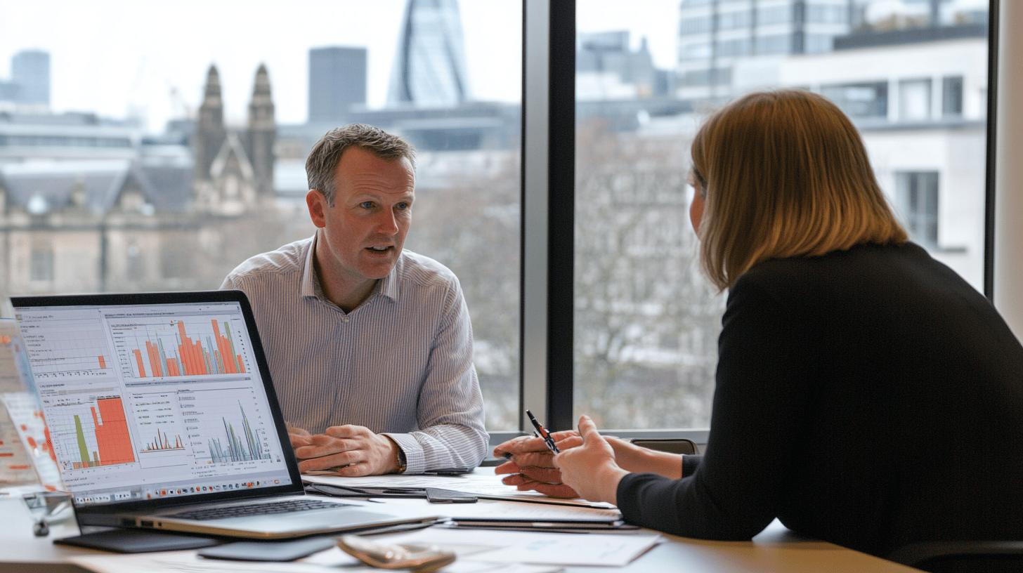 Business professionals analyzing data charts in modern office with city skyline in background, discussing performance metrics and strategy during collaborative meeting