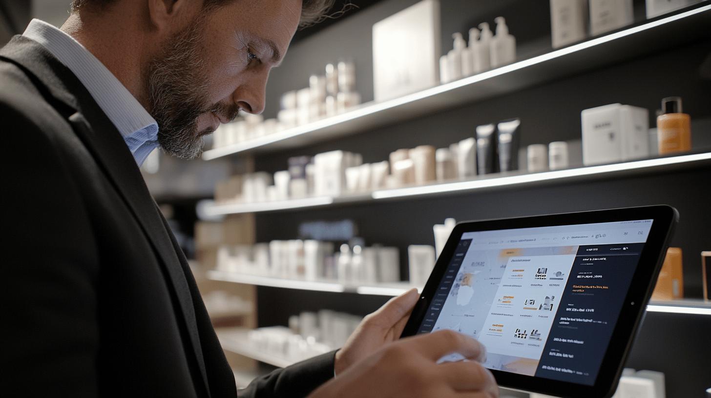 Professional in suit analyzing inventory data on tablet in cosmetics store with product shelves in background