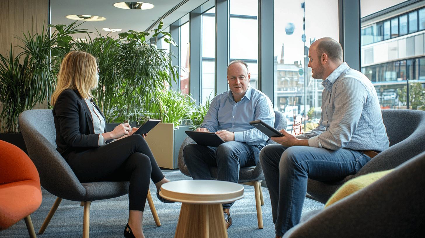 Professional business meeting in modern office with three colleagues discussing work on tablets, surrounded by green plants and large windows with city view