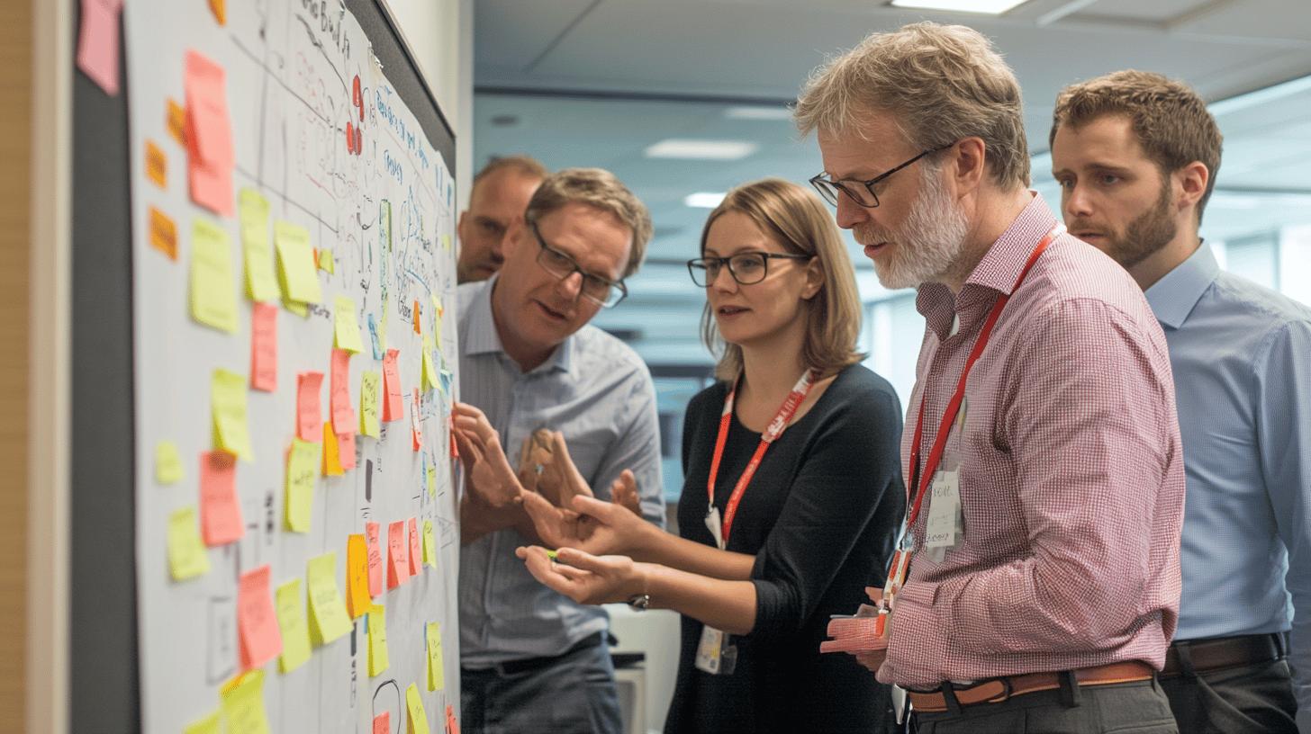 Business team collaborating and brainstorming with colorful sticky notes on whiteboard in modern office meeting room
