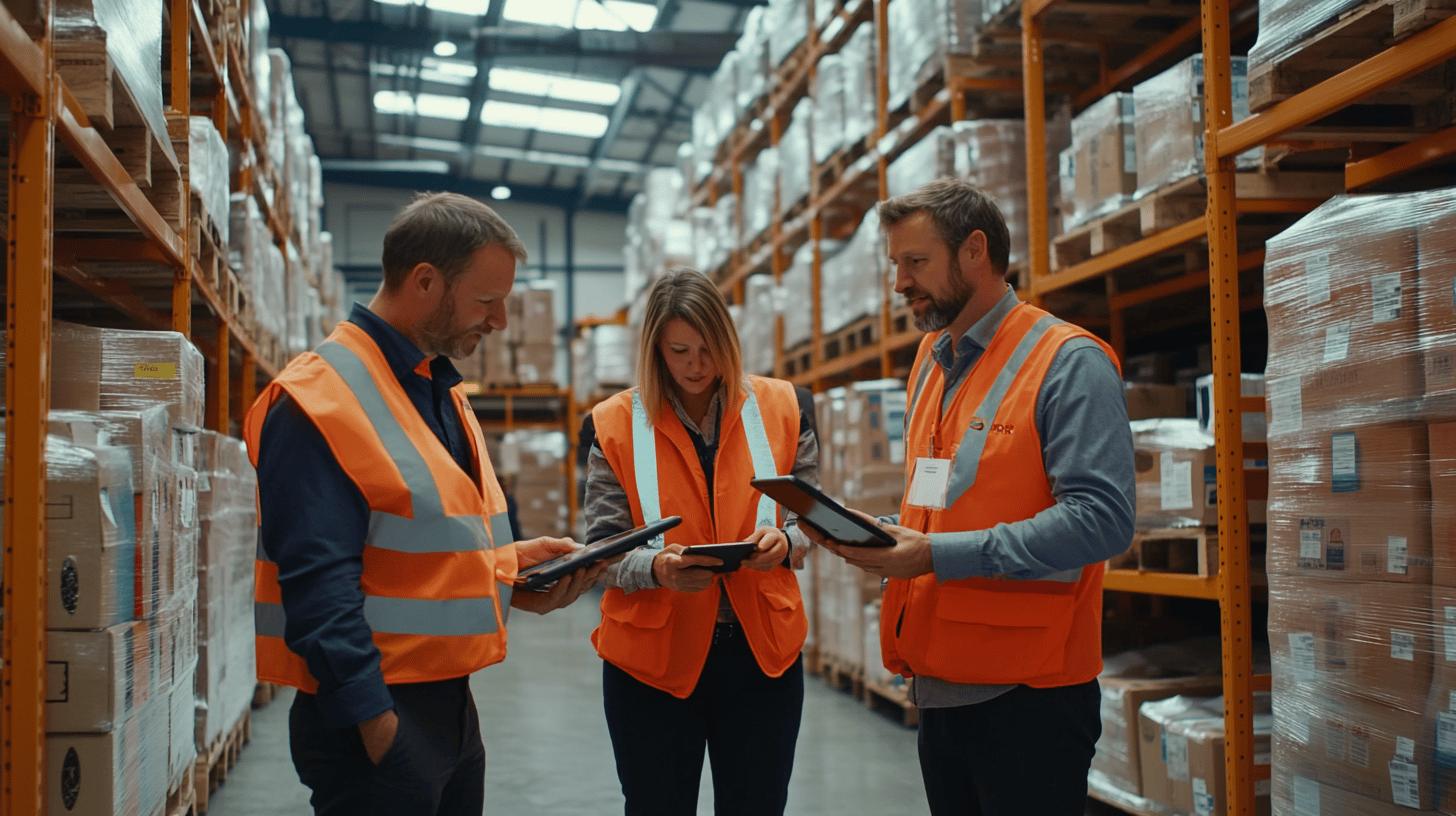 warehouse workers in orange safety vests checking inventory on tablets among tall shelving units filled with boxed goods in a large industrial storage facility