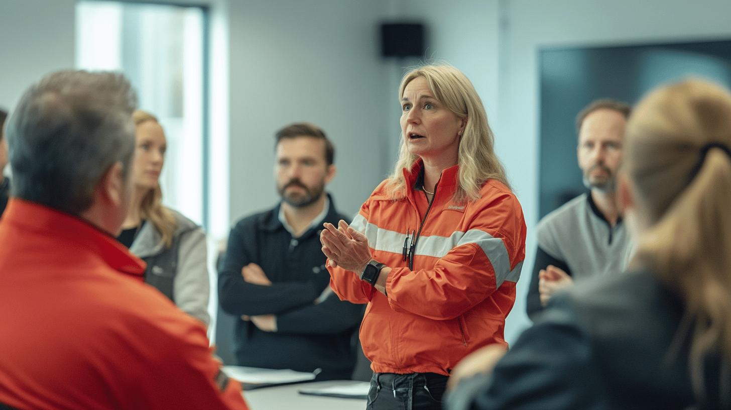 Blonde woman in bright orange safety jacket leading workplace safety meeting with attentive colleagues in conference room