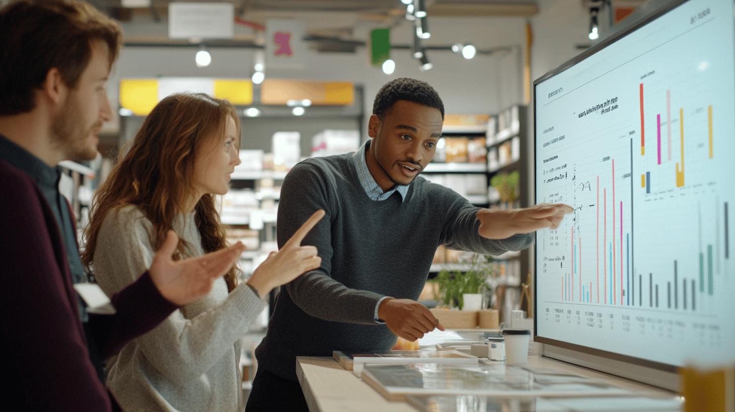 Professional team analyzing data visualization on screen in modern office workspace, with diverse colleagues collaborating and discussing colorful bar graphs and charts