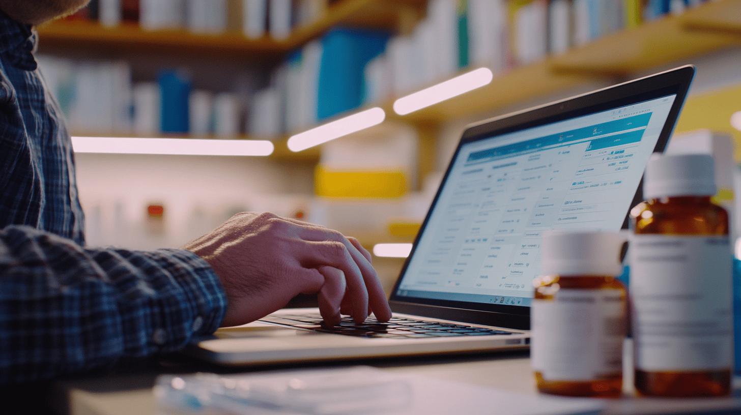 Person working on laptop near medication bottles in home office library setting with blurred bookshelves in background