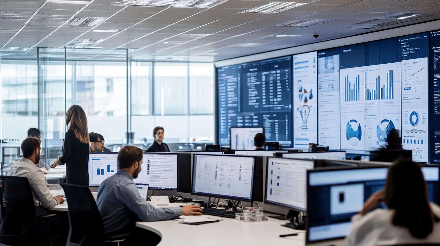 Modern data analytics team working in high-tech office with multiple large screens displaying business intelligence dashboards and performance metrics
