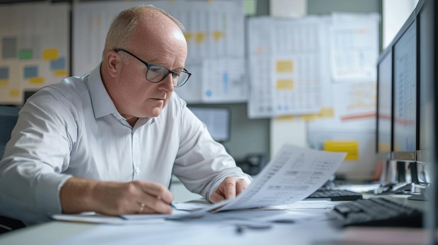 Experienced professional reviewing documents in office with data charts and computer monitors in background, focusing intently on paperwork at desk