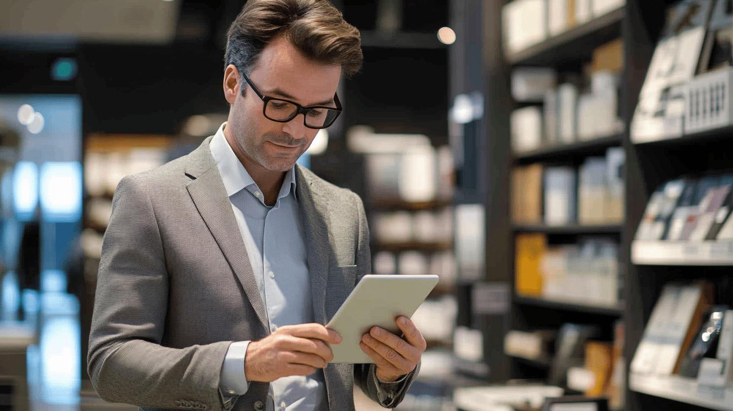 Professional businessman using tablet in modern office library with bookshelves, wearing gray blazer and glasses
