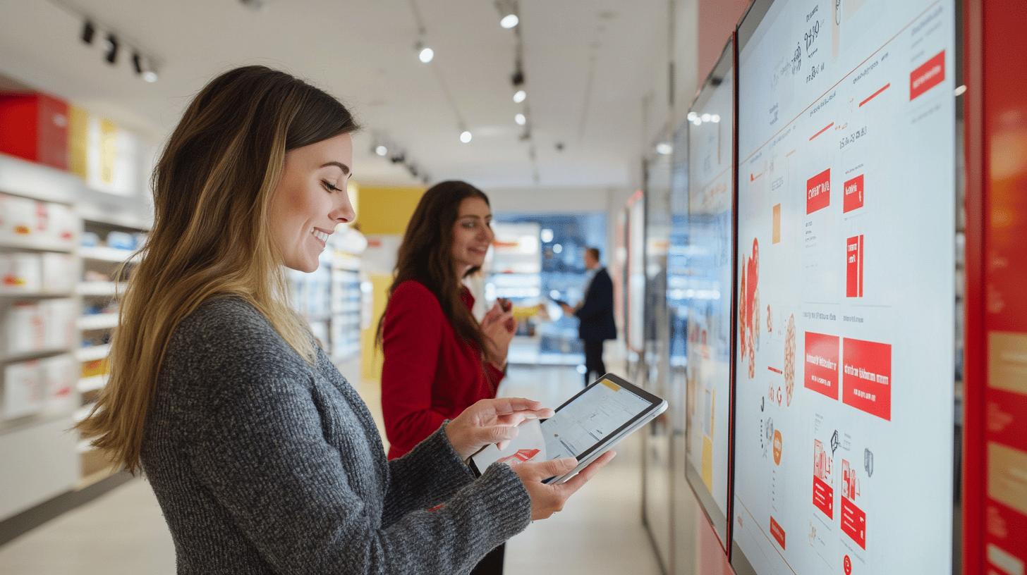 workplace analytics dashboard with employees analyzing data on tablet and display screen