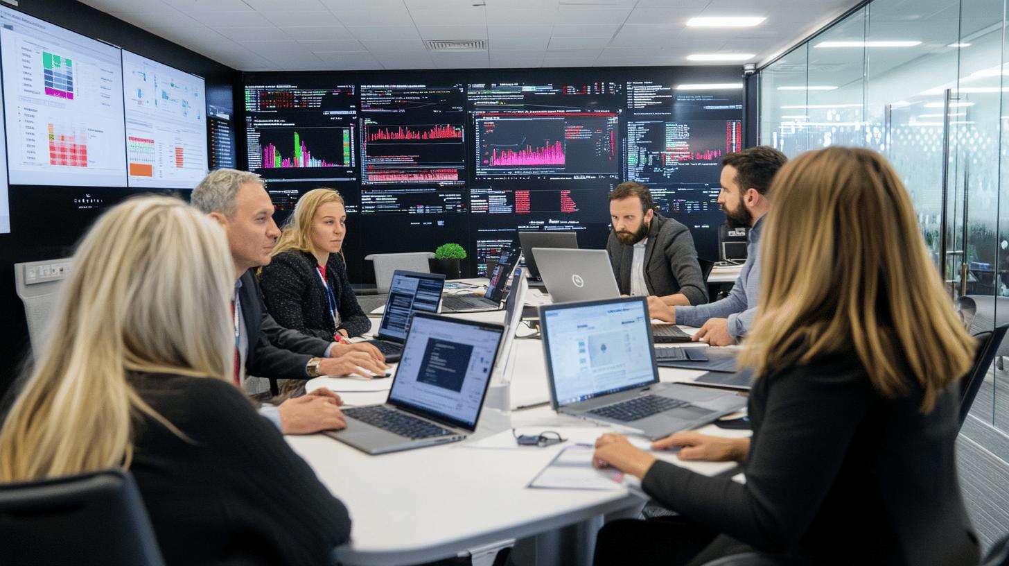 Data analytics team working in modern control room with multiple screens displaying business intelligence dashboards and performance metrics, collaborative professional environment with team members using laptops and analyzing complex data visualizations