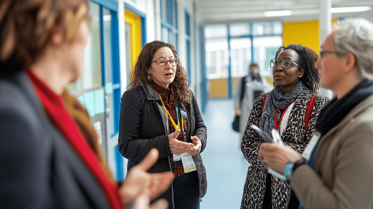 Professional colleagues engaged in discussion in modern office hallway with blue and yellow walls, wearing conference badges and winter clothing, gesturing while conversing