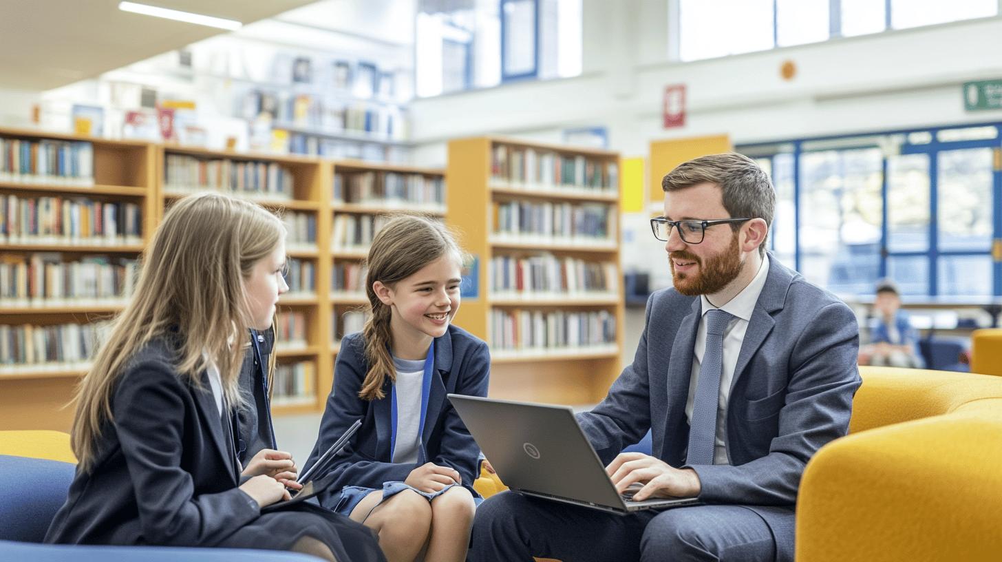 Adult teacher with glasses working on laptop while two schoolgirls in navy blazers sit and engage in positive discussion in school library with bookshelves in background