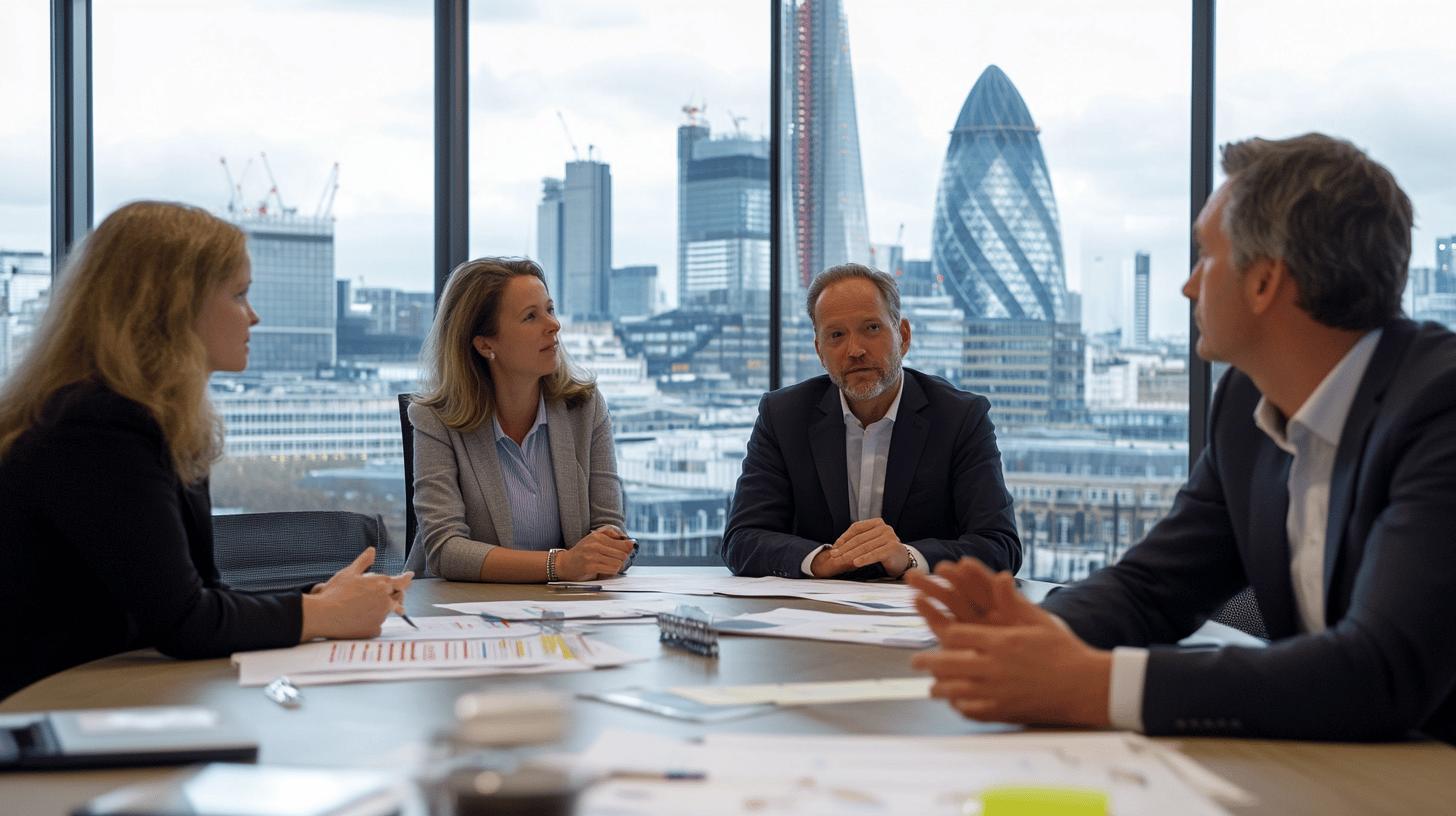 Business professionals discussing strategy in London office with Gherkin and city skyline in background, corporate meeting with documents and collaborative workspace