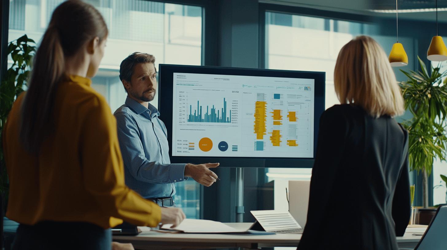 Business professionals analyzing data visualization on large screen in modern office with yellow and blue color scheme, focusing on graphs and charts during collaborative meeting