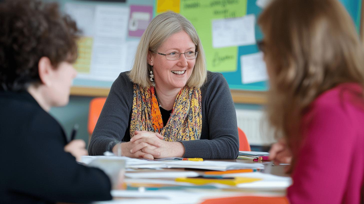 Cheerful teacher in colorful scarf smiling during meeting with students in classroom with colorful bulletin board in background