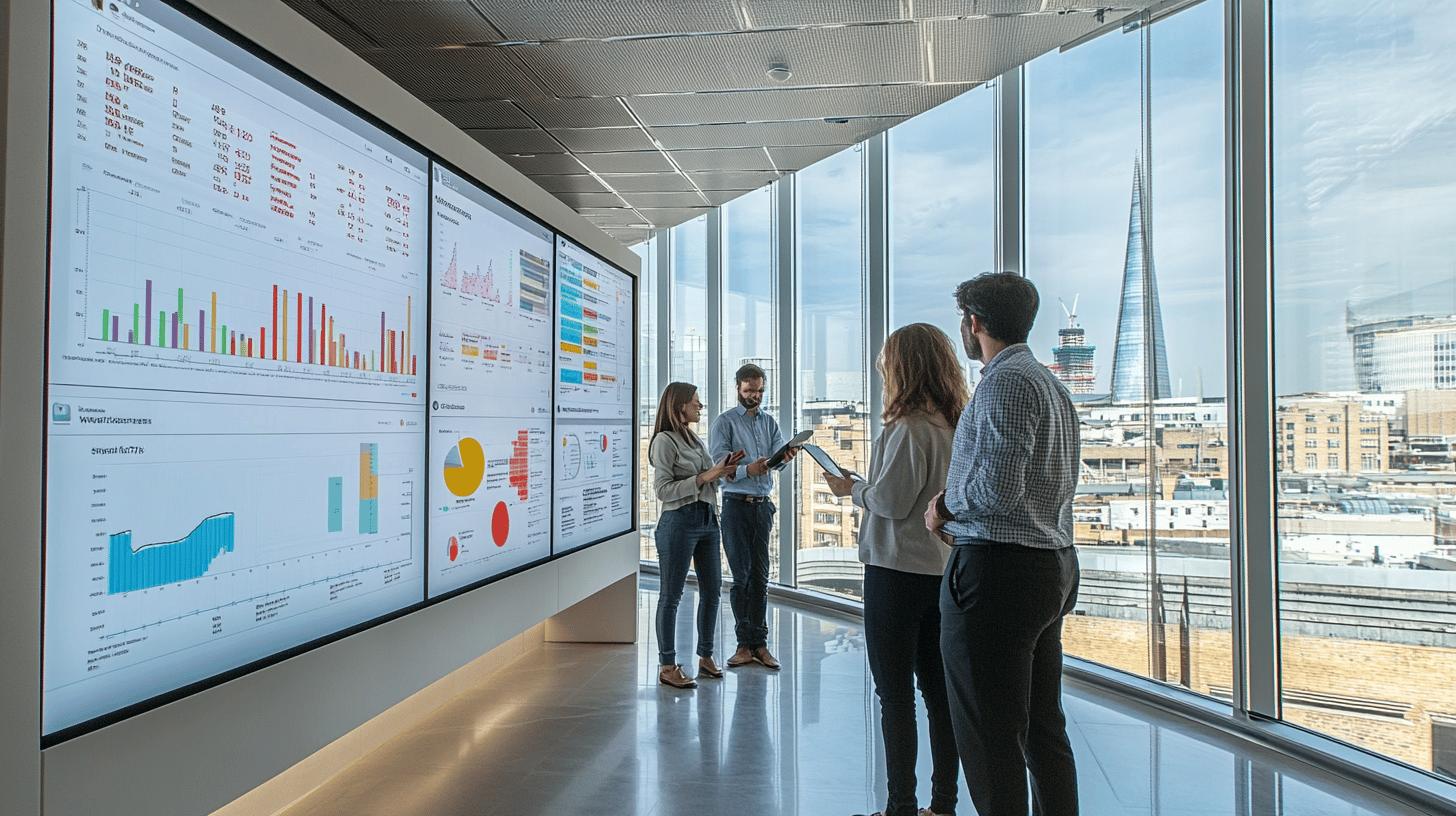 business team analyzing data visualization dashboard with graphs and charts in modern office with London skyline and Shard skyscraper in background