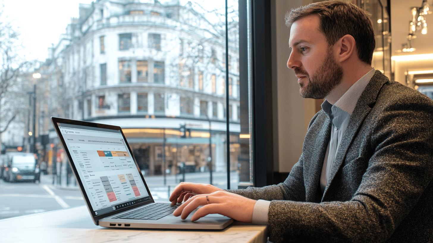 Professional working on data analytics spreadsheet near urban window, wearing tweed blazer and analyzing business metrics on laptop