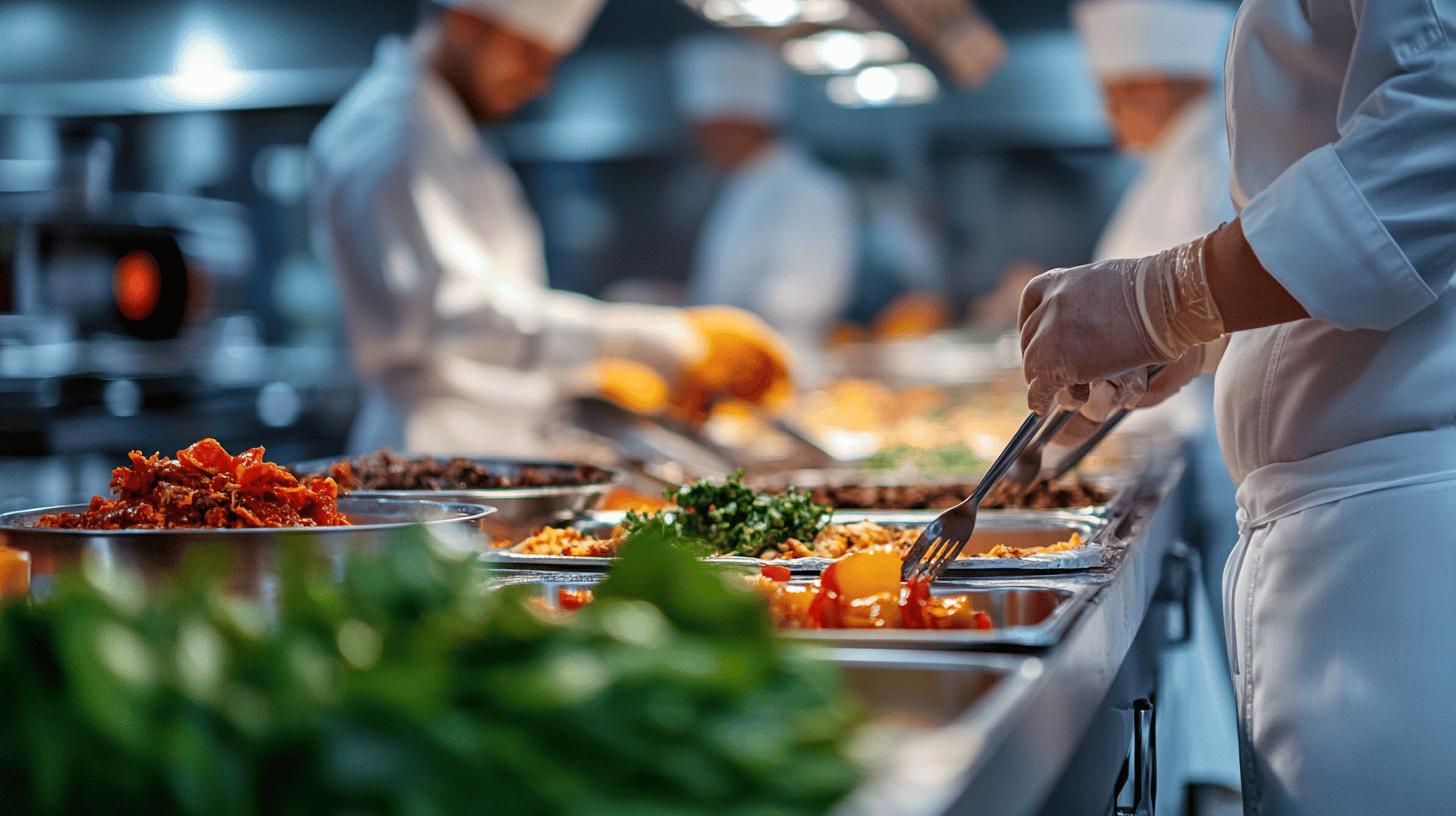 Professional chefs preparing colorful dishes in a commercial kitchen, with vibrant ingredients and stainless steel serving trays showcasing culinary expertise and food preparation techniques