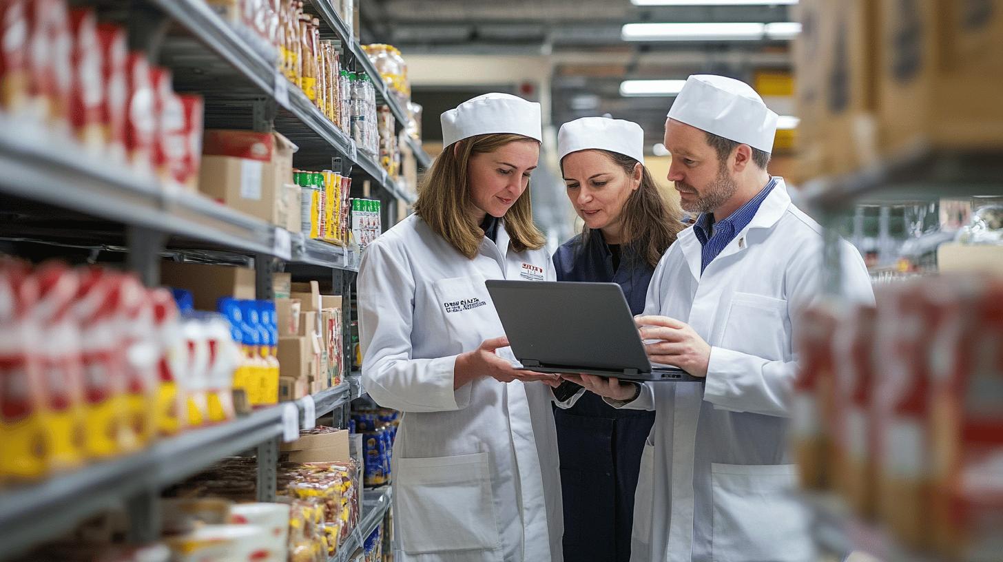 Food manufacturing team in white uniforms reviewing data on laptop in warehouse storage aisle with product shelves, collaborating on inventory management and quality control