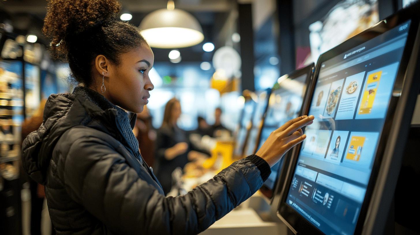 Interactive digital display with woman using touchscreen interface in modern retail environment, showcasing technology-enabled customer experience with yellow and blue user interface