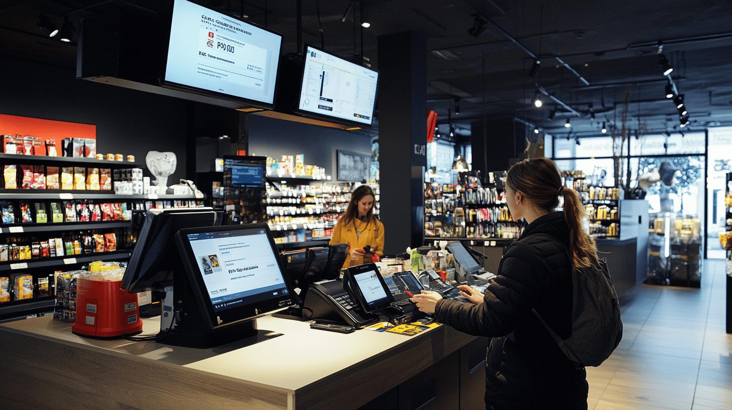 Modern retail store interior with digital point-of-sale system, checkout counter, product shelves, and employees processing a transaction using touchscreen technology