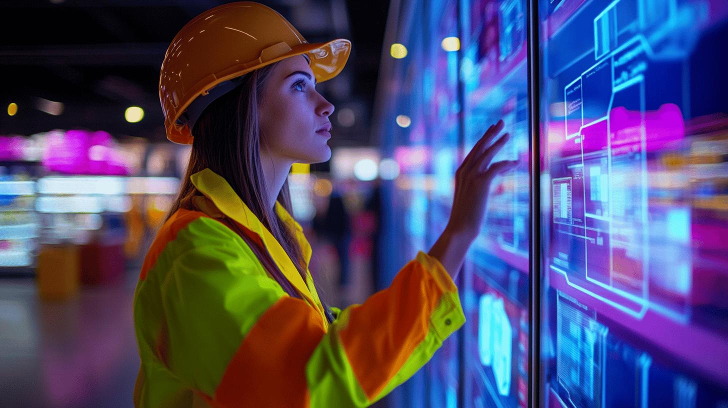 Female engineer in safety vest and hardhat analyzing digital interface with vibrant blue and pink technological holographic display