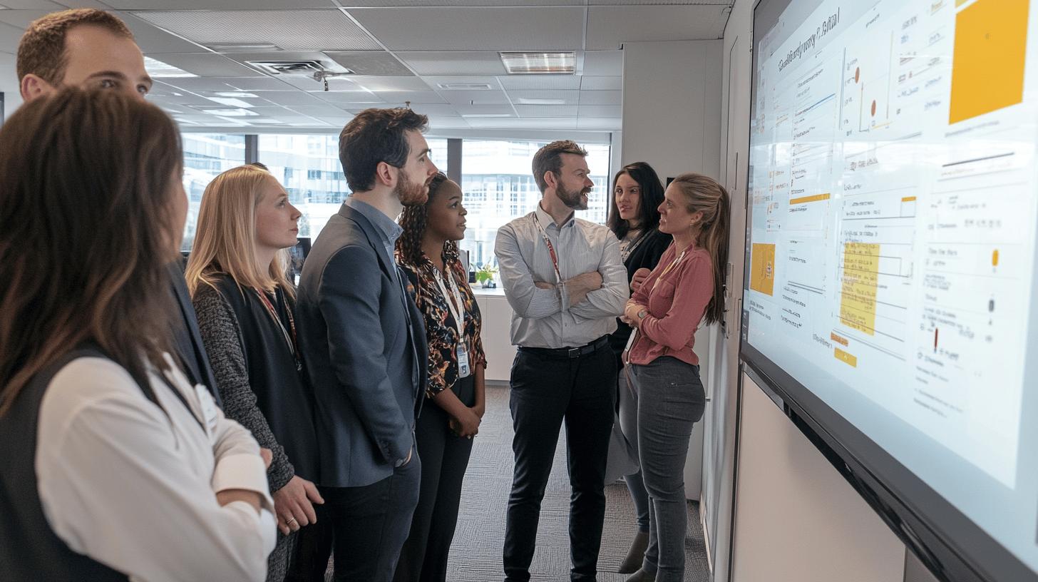 Diverse business team analyzing data charts in modern office meeting room, with professionals of different genders and ethnicities collaborating around whiteboard with statistical displays
