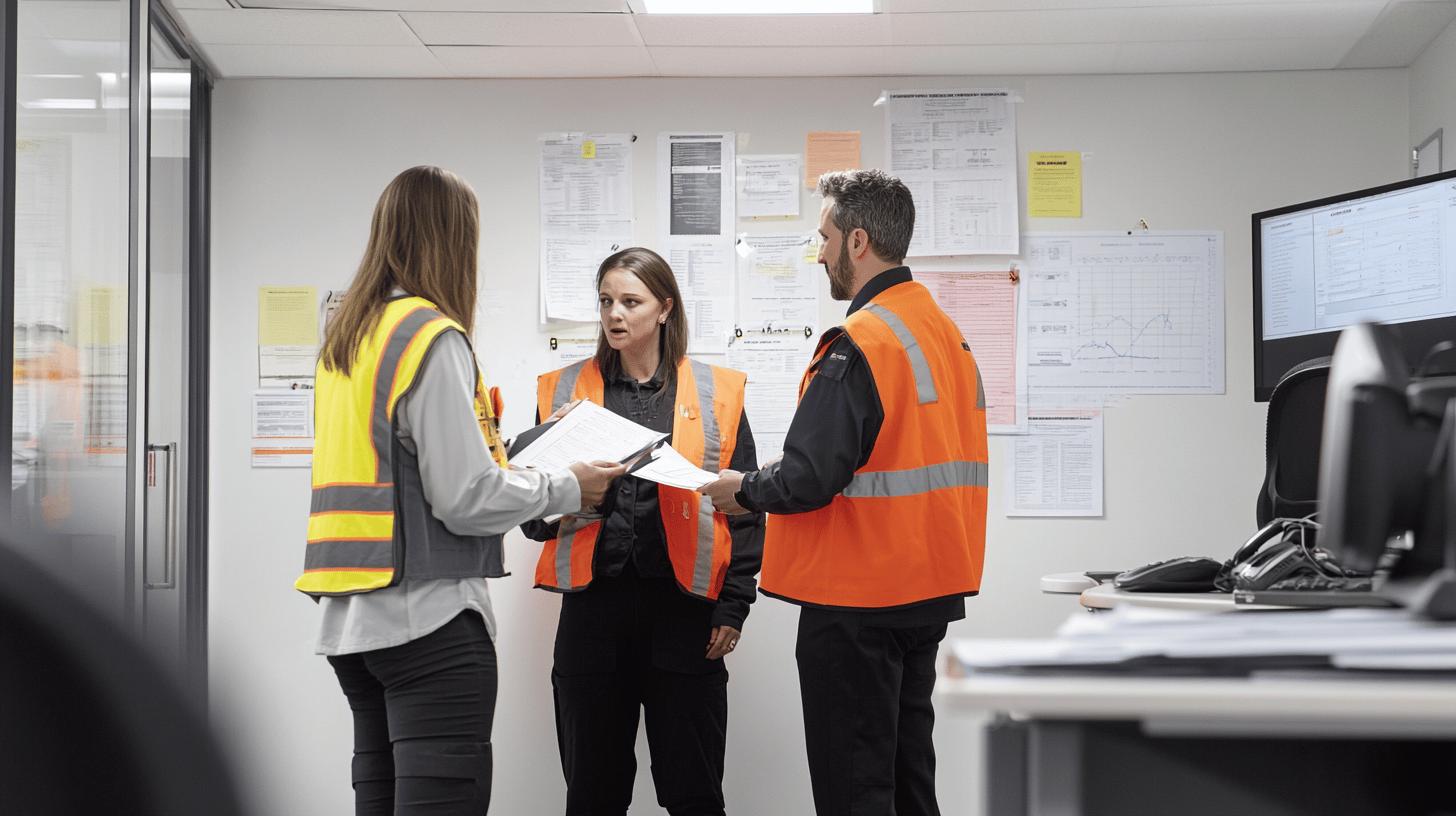 Construction safety team in high-visibility vests discussing documents in office with workplace safety charts and monitors in background