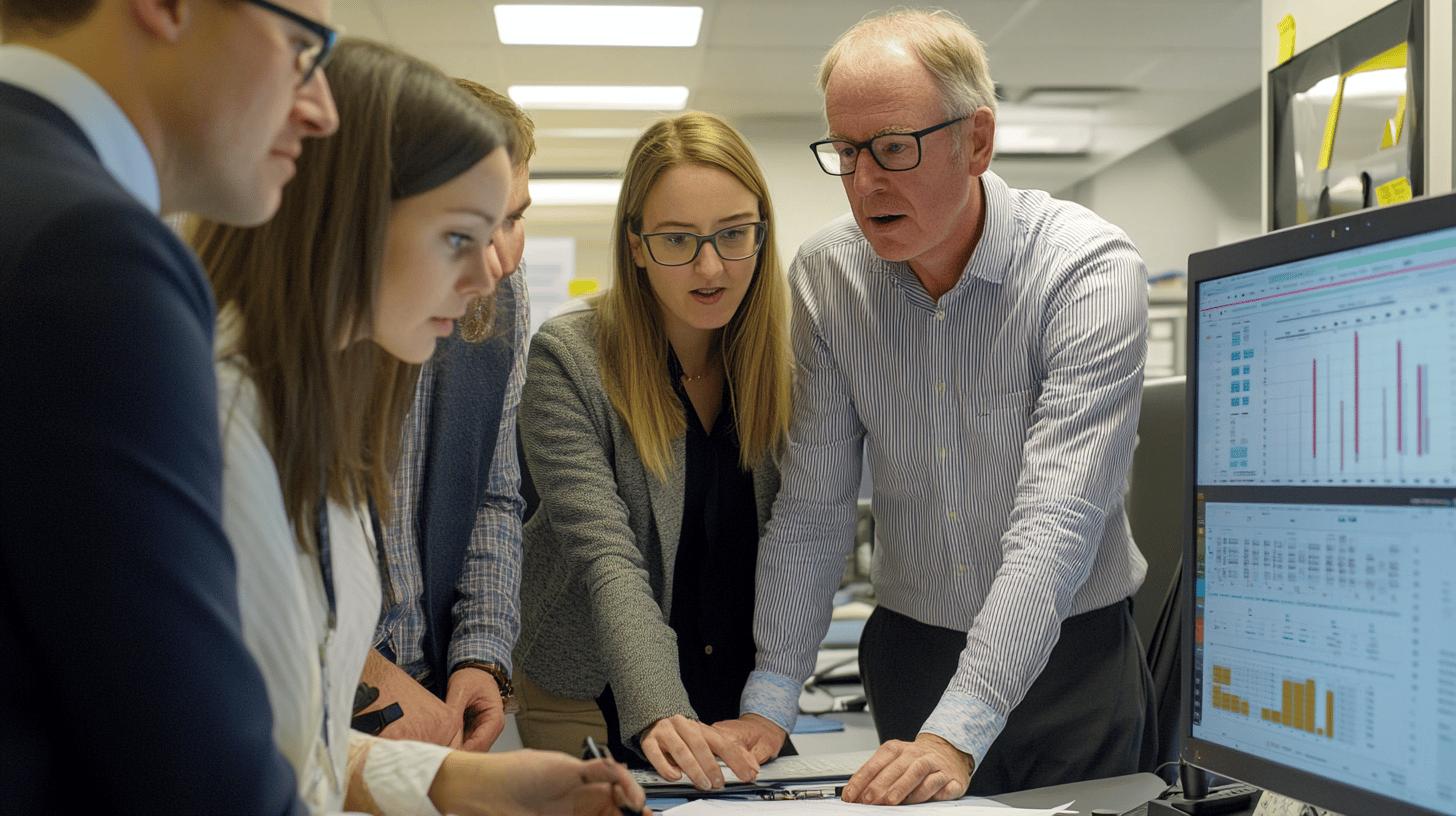 Business professionals analyzing data charts in an office with computer screens showing financial graphs and statistics