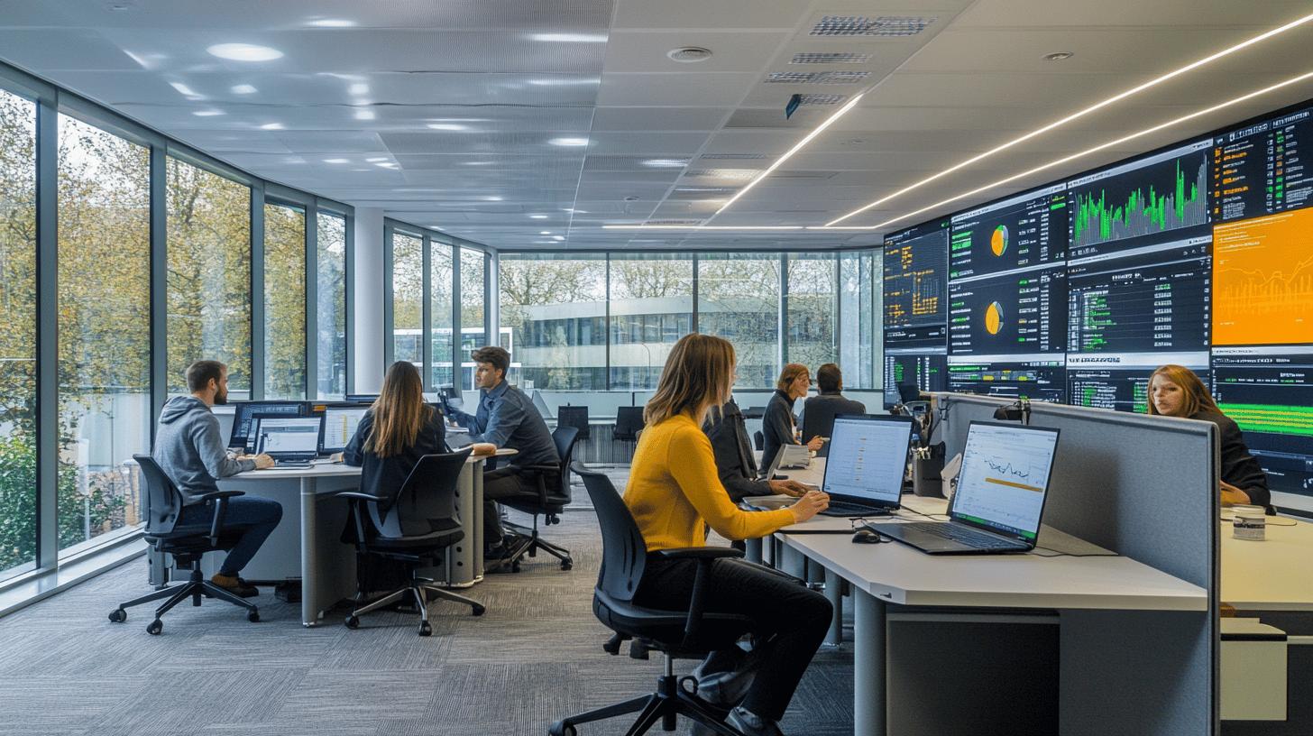 Modern financial trading office with multiple professionals working at computers, data analytics screens, and glass windows overlooking autumn trees, showcasing a contemporary workplace environment with advanced technology and collaborative workspace