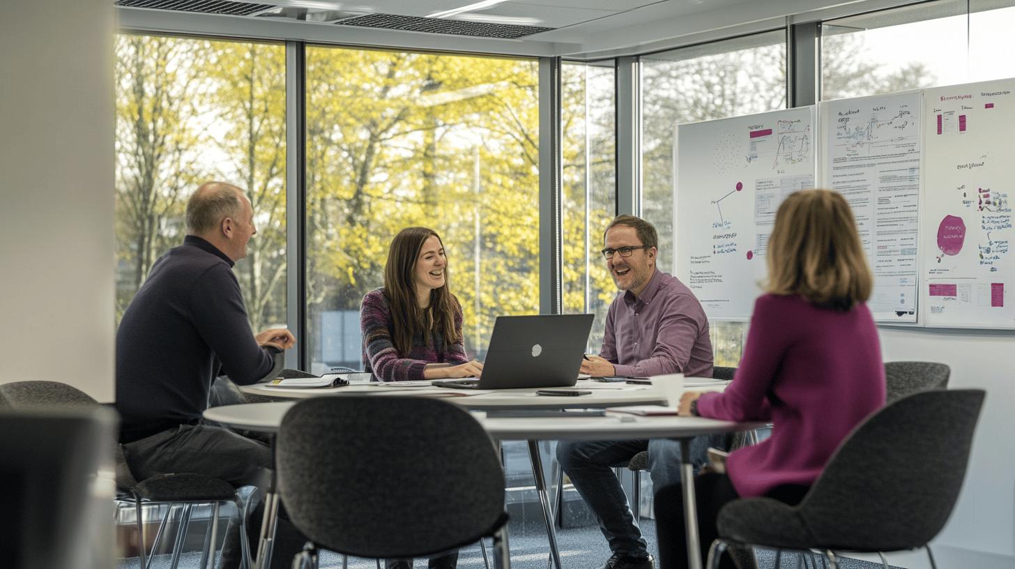 Collaborative meeting in modern office with autumn trees outside, team members smiling and engaging around laptop at conference table with whiteboard charts in background
