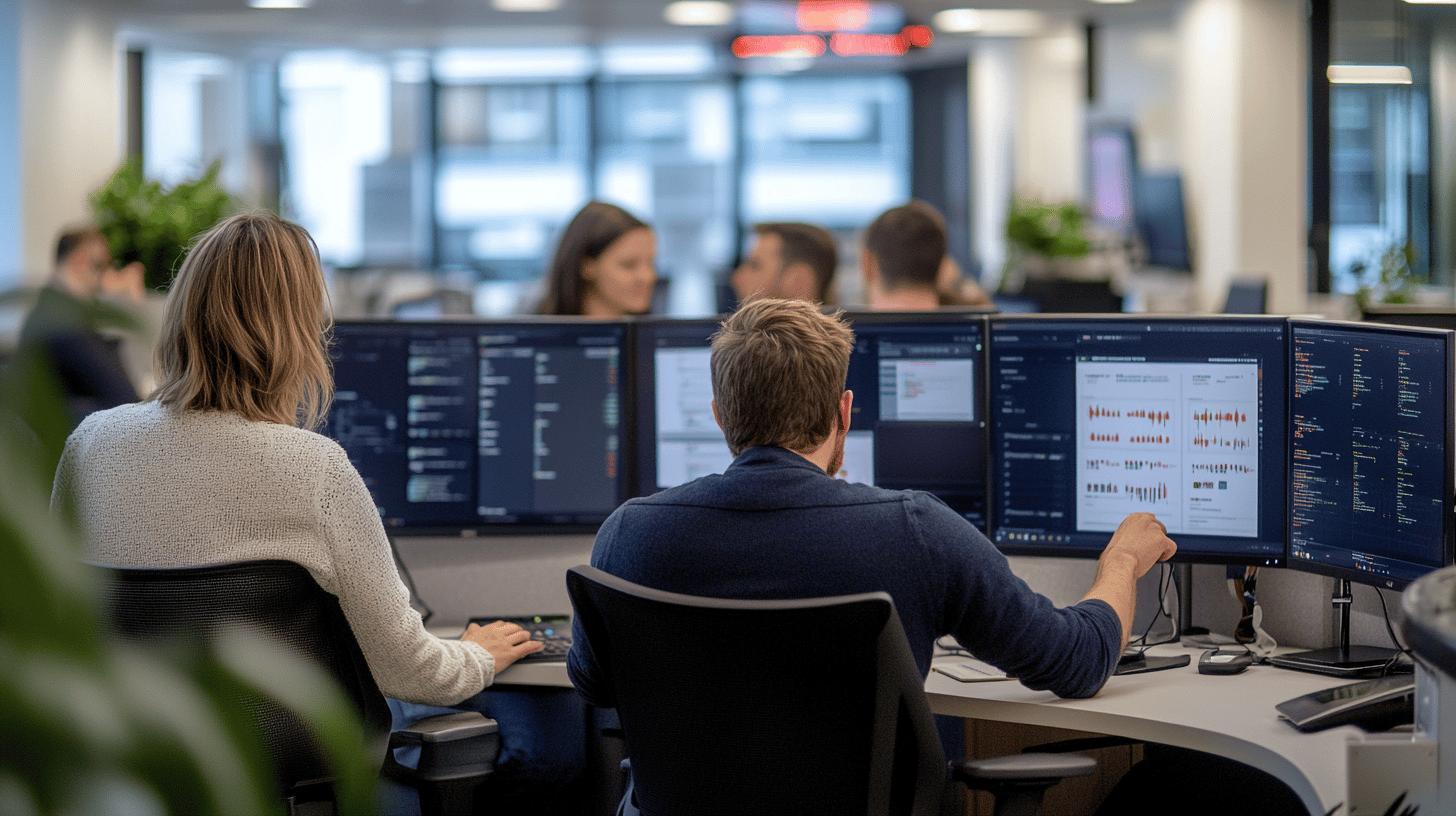 Two data analysts working on multiple monitor screens in a modern, bright open-plan office with plants, analyzing complex data visualizations and code on computer displays