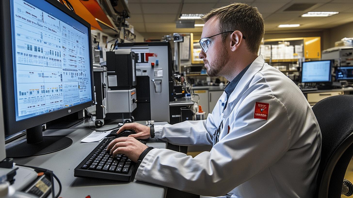 scientist analyzing complex data on computer screen in technical laboratory with multiple monitors and scientific equipment
