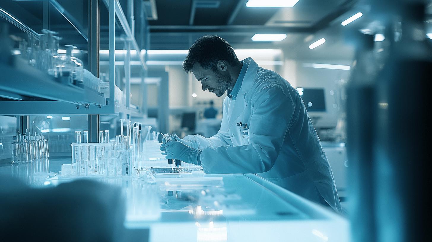 A scientist in a white lab coat and blue gloves conducts research in a modern, sterile laboratory, surrounded by glass test tubes and scientific equipment with a cool blue lighting tone