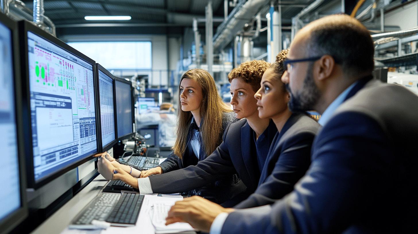 Team analyzing industrial control systems in high-tech monitoring center with multiple computer screens and complex machinery in background