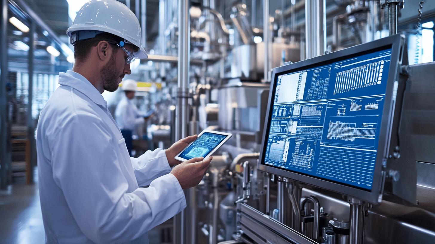 Industrial control room with technician monitoring digital screens, wearing white lab coat and safety helmet, analyzing data on tablet and computer monitor in modern manufacturing facility