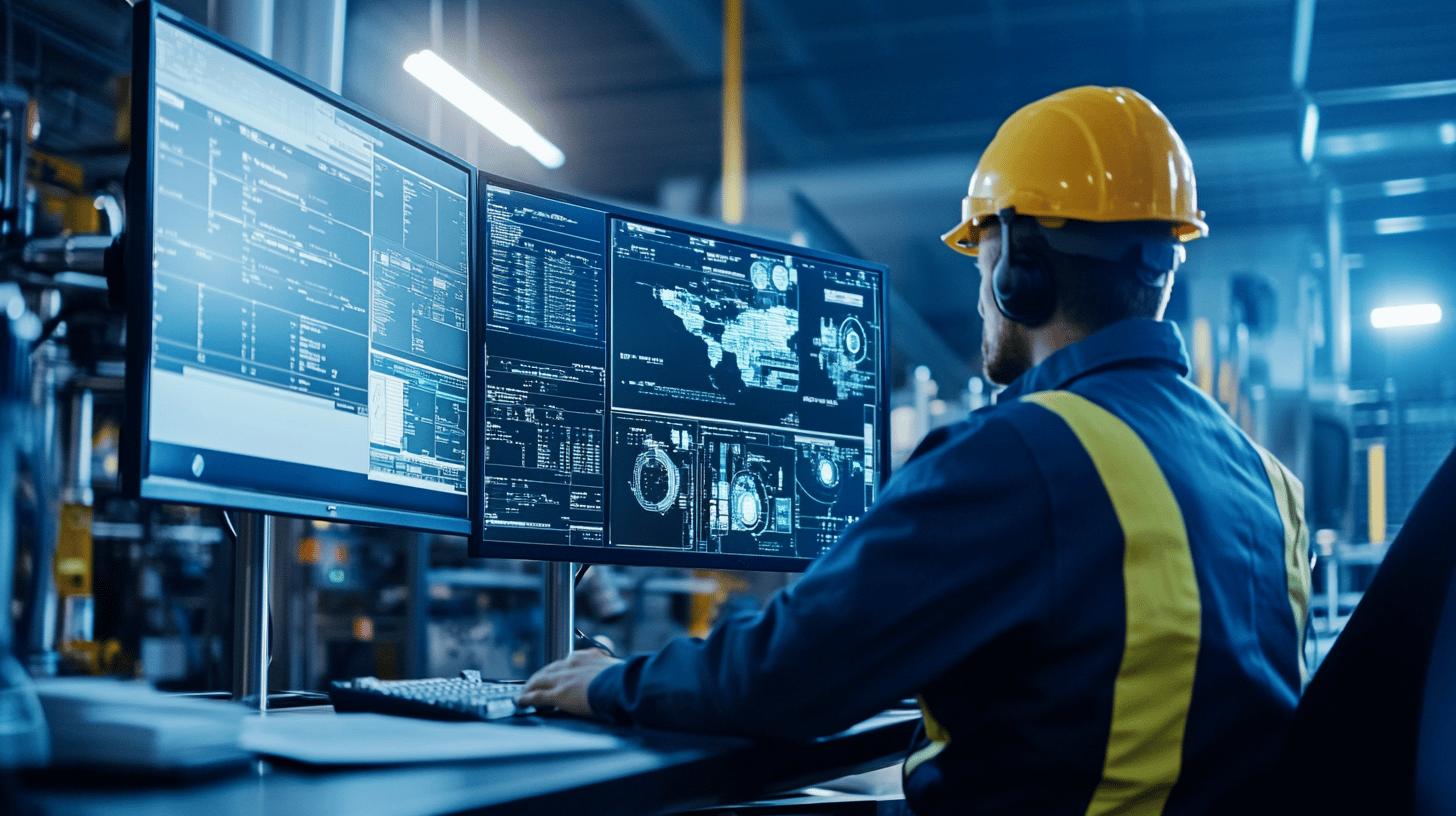 Industrial technician monitoring complex data visualizations on multiple screens in high-tech control room with advanced digital dashboard and geographical mapping interfaces