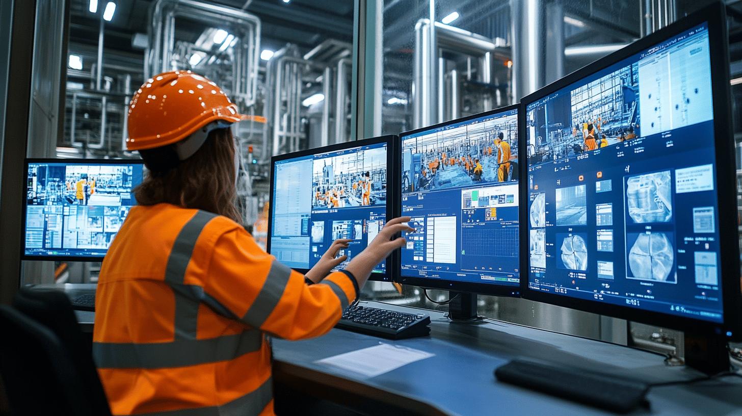 Industrial control room technician monitoring multiple screens in manufacturing facility, wearing orange safety vest and hard hat, analyzing complex industrial process data and system interfaces