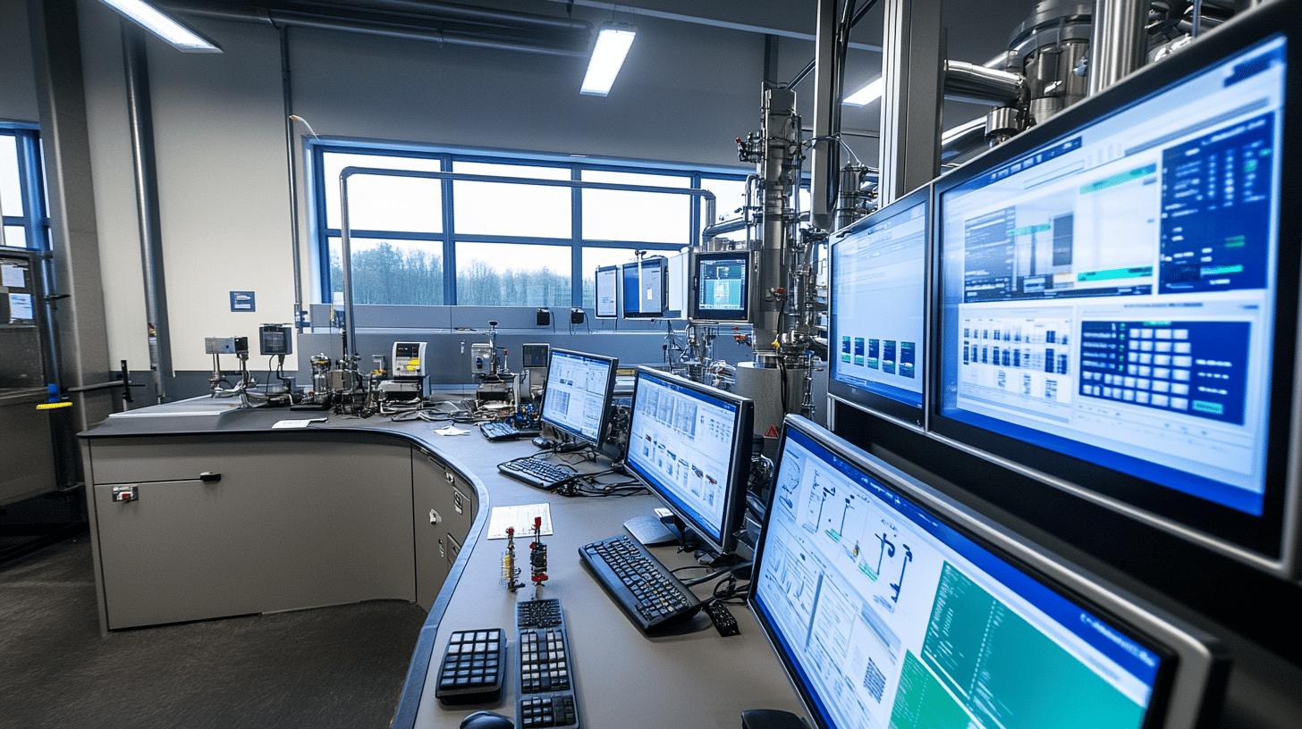 Industrial control room with multiple computer monitors displaying complex process control screens, advanced technological equipment, and industrial machinery visible through large windows, showcasing modern manufacturing monitoring environment