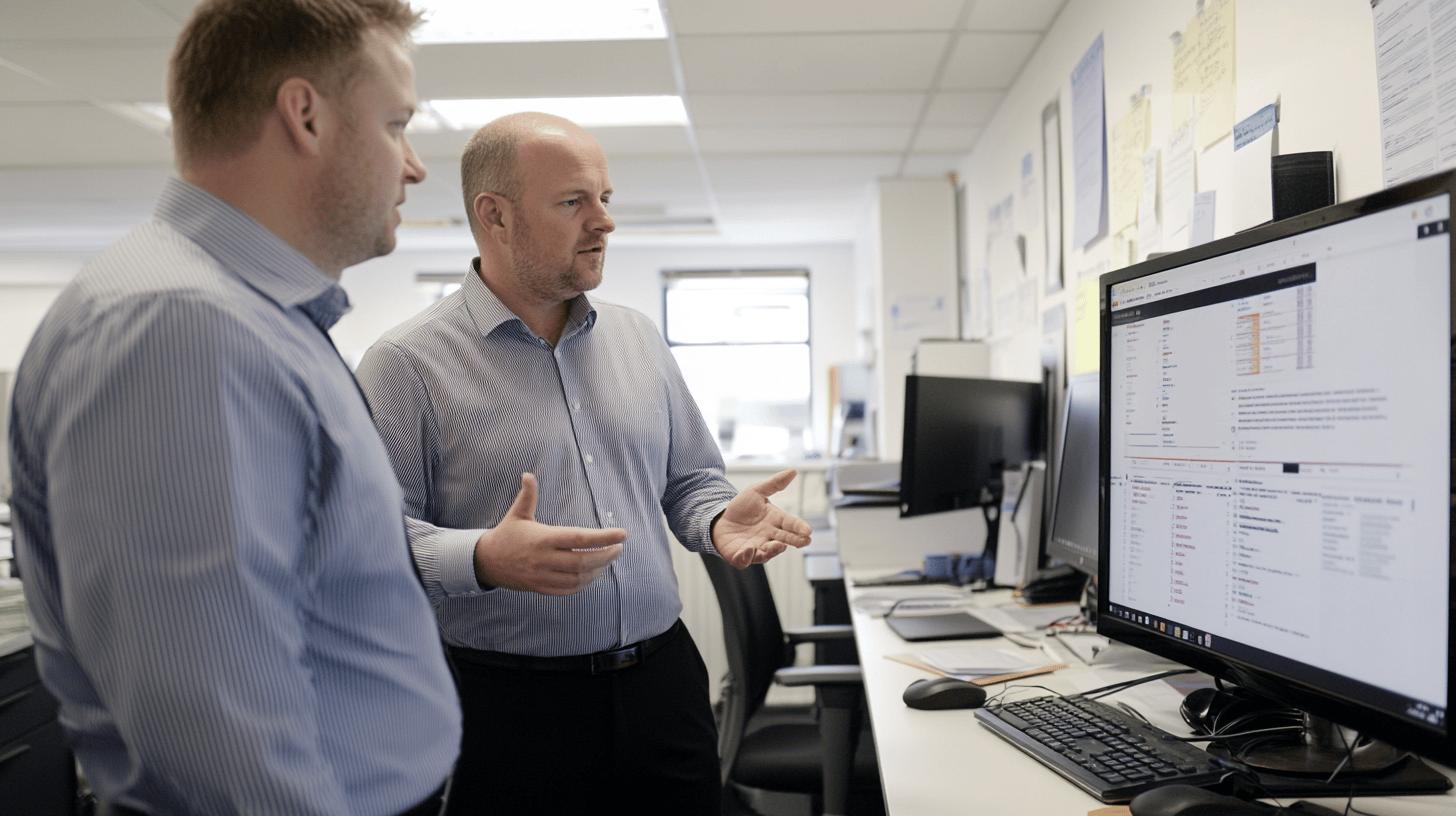 Professional colleagues discussing data on computer monitor in modern office workspace, wearing striped button-down shirts and analyzing information together