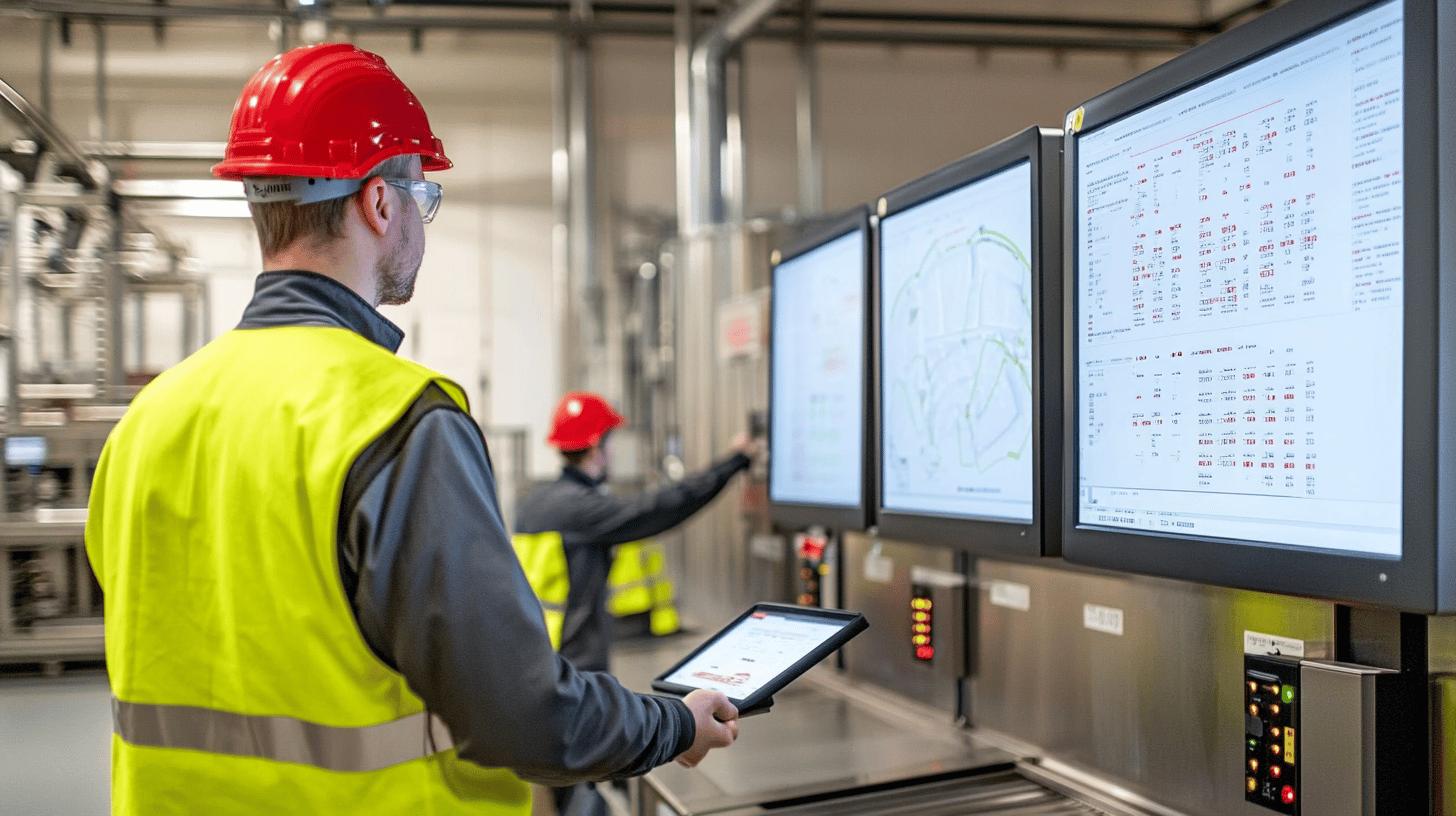 Industrial worker in high-visibility vest and red hard hat monitoring production data on multiple screens using tablet in manufacturing control room