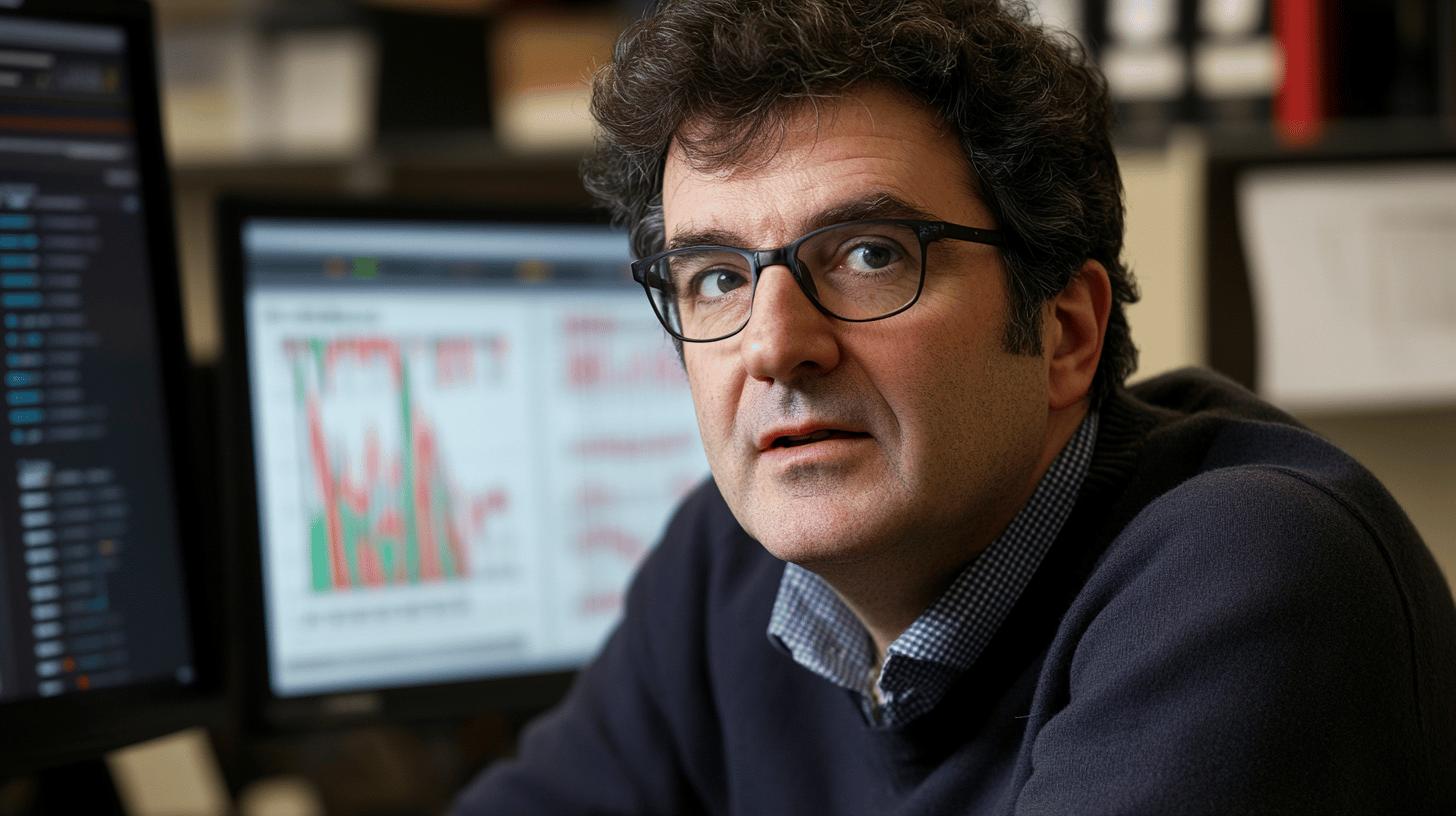 Professional data analyst with curly hair and glasses examining financial chart on computer monitor in office setting