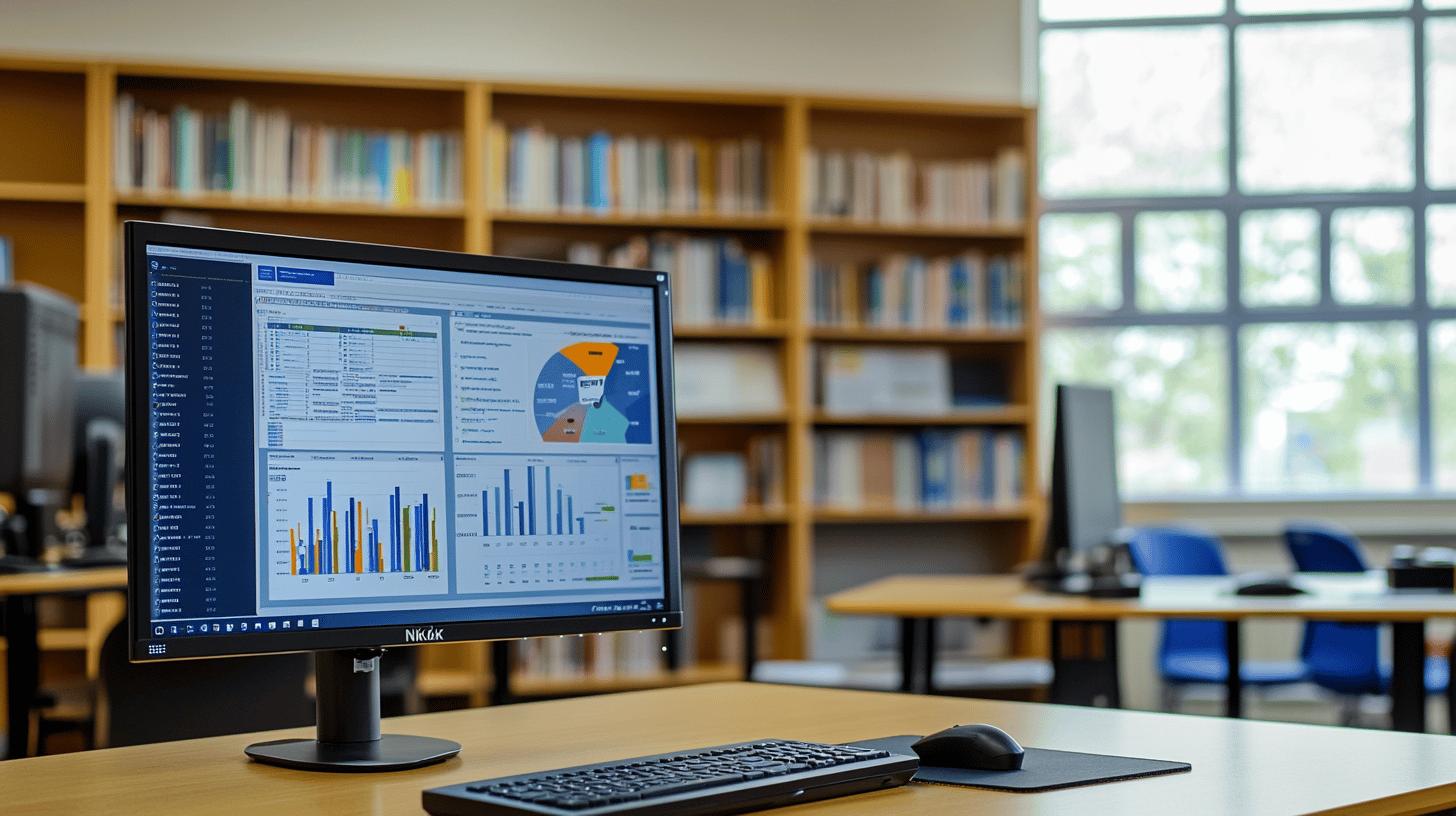 computer monitor displaying data analytics dashboard with bar and pie charts in a library or study room with wooden bookshelves in background